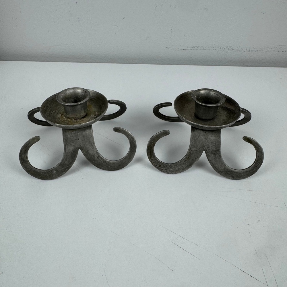 Vintage Swedish Pewter Candle Holders Pair Brutalist Scroll Base Made in Sweden